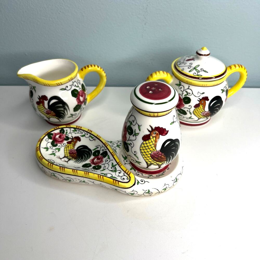 VTG Mid Century Cottage Kitchen Hand Painted Ceramic Spoon Rest Sugar Creamer